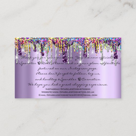 Bedankt Meup Brow Eyelash Drivers Paarse Holograaf Visitekaartje (Achterkant)