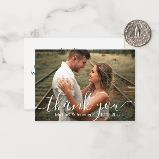 Bedankt moderne script trouwfoto notitiekaartje (Voorkant / Achterkant in situ)