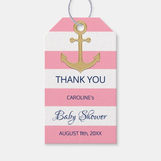 BEDANKT Nautical Navy Blue Roze Meisje BABY SHOWER Cadeaulabel (Voorkant)
