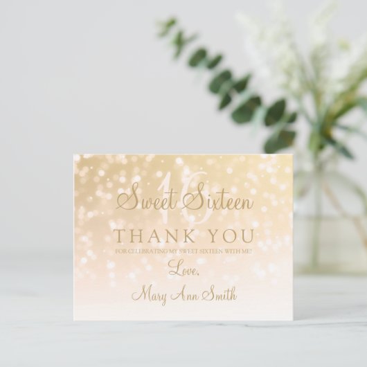 Bedankt Opmerking Sweet 16 Gold Bokeh Sparkle Ligh Briefkaart (Staand voorkant)