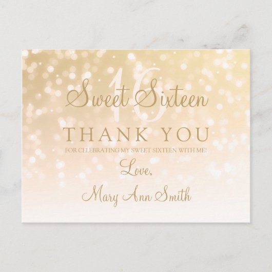 Bedankt Opmerking Sweet 16 Gold Bokeh Sparkle Ligh Briefkaart (Voorkant)