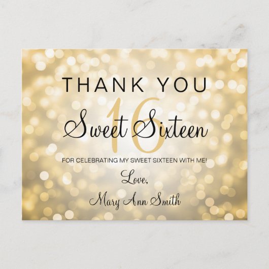 Bedankt Opmerking Sweet 16 Gold Glitter Lights Briefkaart (Voorkant)