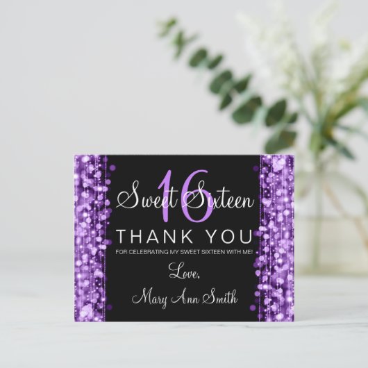Bedankt Opmerking Sweet 16 Party Sparkles Paarse Briefkaart (Staand voorkant)