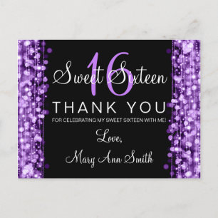 Bedankt Opmerking Sweet 16 Party Sparkles Paarse Briefkaart