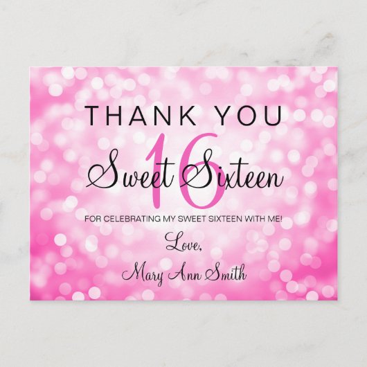 Bedankt Opmerking Sweet 16 Pink Glitter Lights Briefkaart (Voorkant)
