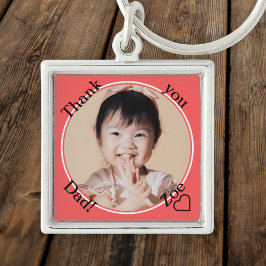 Bedankt papa in rond en rood, foto en naam sleutelhanger