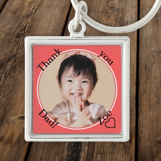Bedankt papa in rond en rood, foto en naam sleutelhanger