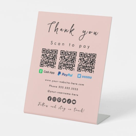 Bedankt Paypal Cash App Venmo Blush Roze Reclamebord Met Voetstuk (Voorkant)