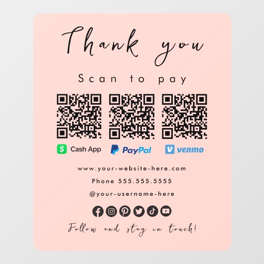 Bedankt Paypal Venmo Cash App QR Code Blush Roze Raamsticker (Vel)