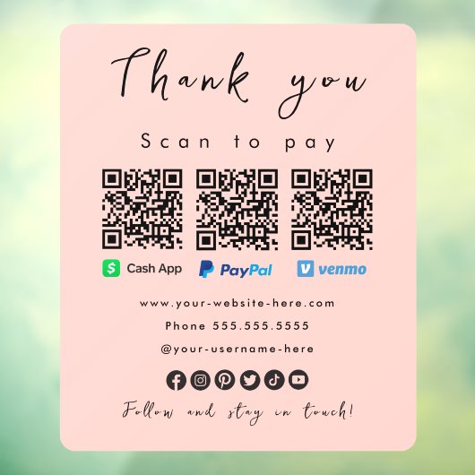 Bedankt Paypal Venmo Cash App QR Code Blush Roze Raamsticker (Vel 3)