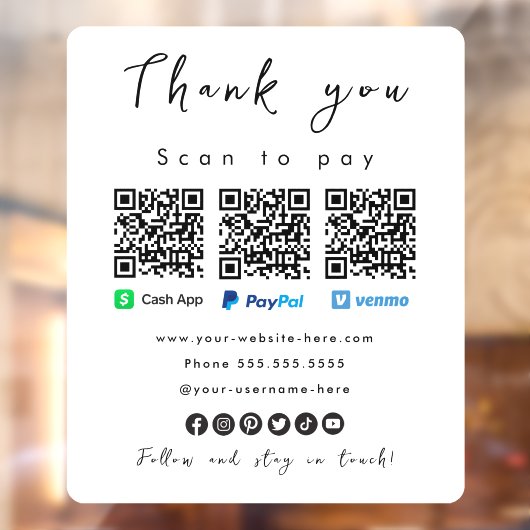 Bedankt PayPal Venmo Cash App QR Code Wit Raamsticker (Vel 2)