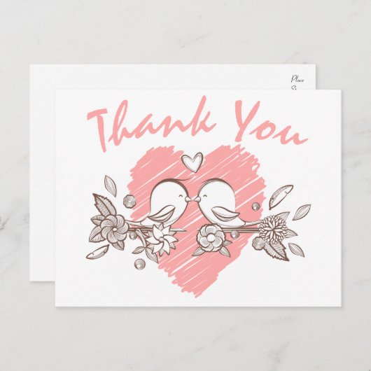 Bedankt Pink Heart Lovebirds Wedding Briefkaart (Voorkant / Achterkant)
