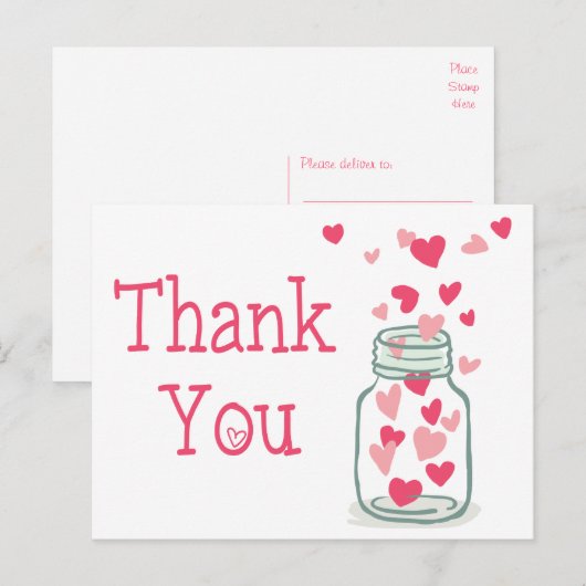 Bedankt Pink Hearts  Mason Jar Love Briefkaart (Voorkant / Achterkant)