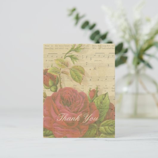 Bedankt  Red Roses Floral Music Sheet Briefkaart (Staand voorkant)