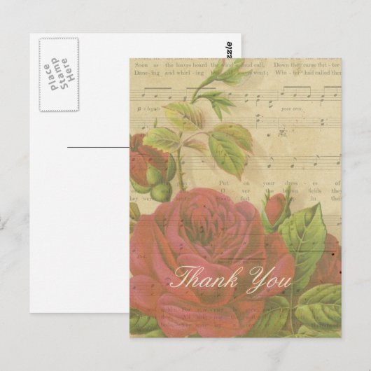 Bedankt  Red Roses Floral Music Sheet Briefkaart (Voorkant / Achterkant)