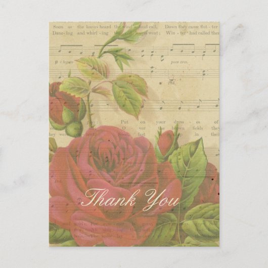 Bedankt  Red Roses Floral Music Sheet Briefkaart (Voorkant)