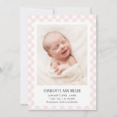 Bedankt Roze Gingham Birth Announding Foto Card Aankondiging (Voorkant)