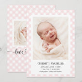 Bedankt Roze Gingham Birth Announding Foto Card Aankondiging (Voorkant / Achterkant)