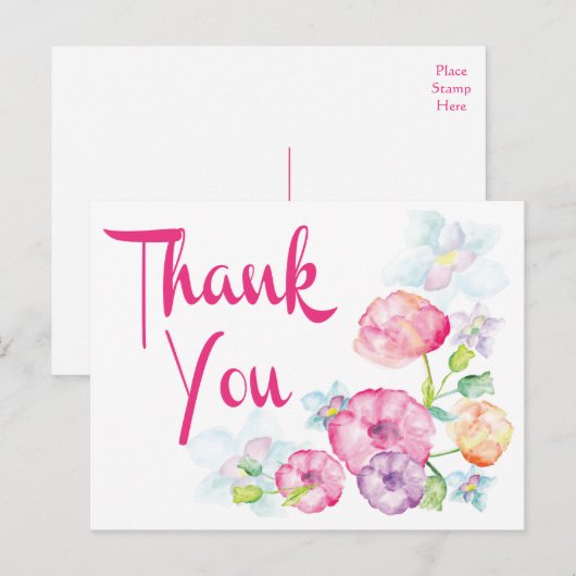 Bedankt Roze & Paarse Waterverf Flower Briefkaart (Voorkant / Achterkant)