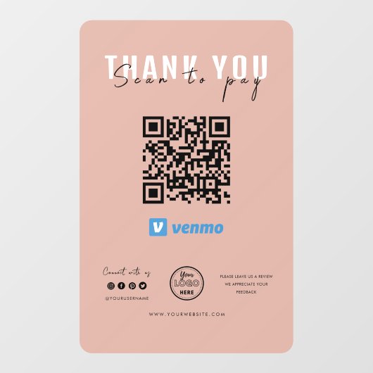 Bedankt Scannen naar betaling Logo QR Code Venmo R Raamsticker (Vel)
