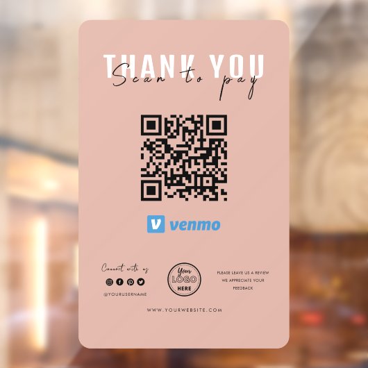 Bedankt Scannen naar betaling Logo QR Code Venmo R Raamsticker (Vel 2)