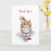 Bedankt, schattige kat die met rode roos zit kaart (Gele Bloem)