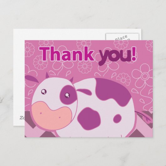 "Bedankt" Schattigee roze Koe Briefkaart (Voorkant / Achterkant)