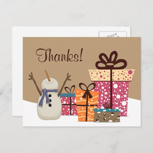 Bedankt! ~ Schattigee Sneeuwman met Cadeaus Winter Briefkaart (Voorkant / Achterkant)