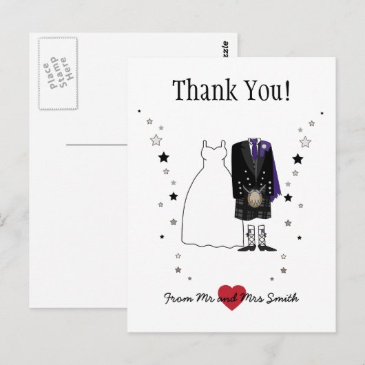 Bedankt Schotse bruid & bruidegom - paarse Briefkaart (Voorkant / Achterkant)