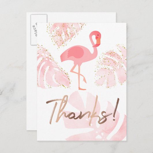 bedankt script flamingo roze tropische palmen briefkaart (Voorkant / Achterkant)