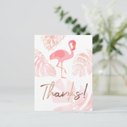 bedankt script flamingo roze tropische palmen briefkaart (Staand voorkant)
