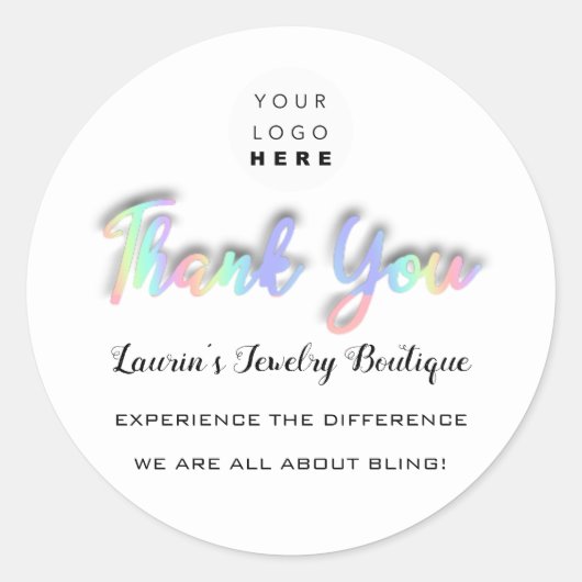 Bedankt Script Naam Shop Holographic White Ronde Sticker (Voorkant)