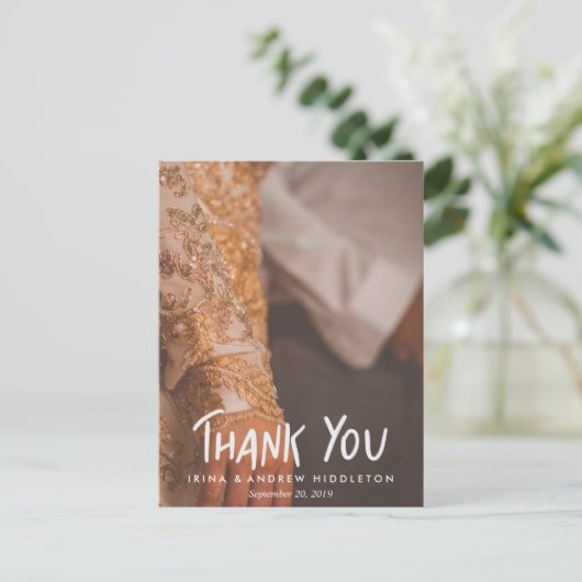 Bedankt Script Rustic Kraft Paper Trouwfoto Briefkaart (Staand voorkant)