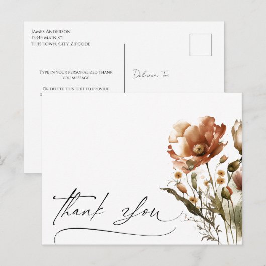 Bedankt Script Waterverf Wilde Bloem Briefkaart (Voorkant / Achterkant)