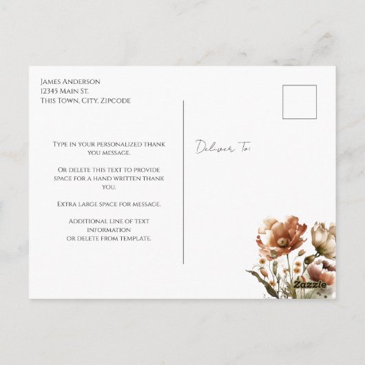 Bedankt Script Waterverf Wilde Bloem Briefkaart (Achterkant)