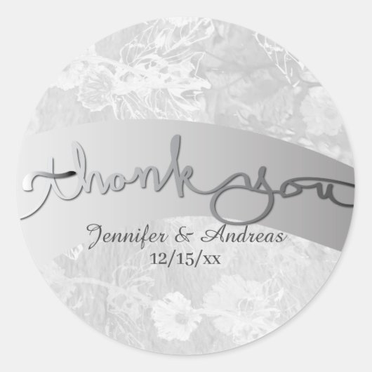 "Bedankt" Silver Wedding Floral Ribbon Ronde Sticker (Voorkant)