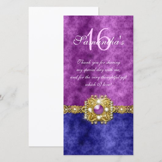 "Bedankt" "Sweet Sixteen" paarse blauwe edelstenen Bedankkaart (Voorkant / Achterkant)