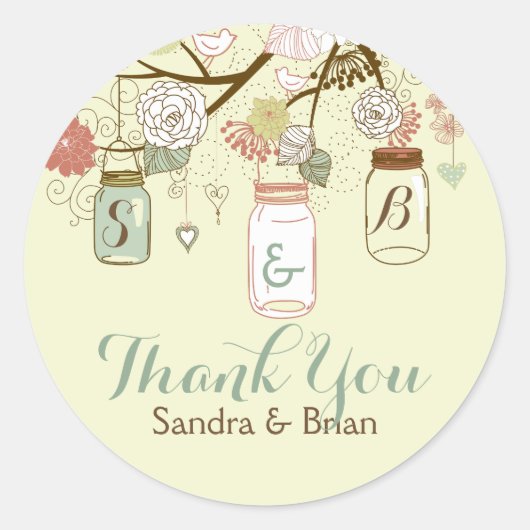 Bedankt tekst met Retro Flowers & Mason Jars Ronde Sticker (Voorkant)