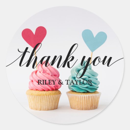 Bedankt tekst roze blauwe hart cupcakes ronde sticker (Voorkant)