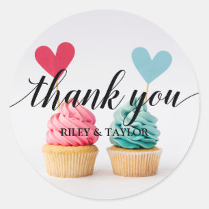 Bedankt tekst roze blauwe hart cupcakes ronde sticker