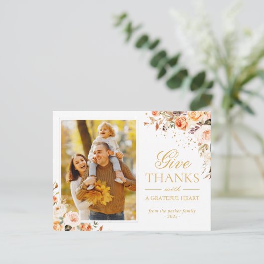Bedankt Thanksgiving herfst Gold Floral foto geven Briefkaart (Staand voorkant)