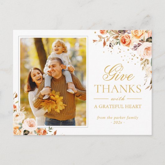 Bedankt Thanksgiving herfst Gold Floral foto geven Briefkaart (Voorkant)