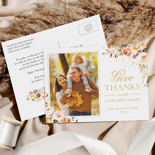Bedankt Thanksgiving herfst Gold Floral foto geven Briefkaart
