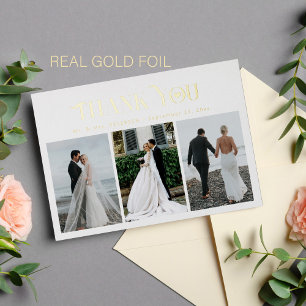 Bedankt trouw 3 foto elegante goud folie kaart