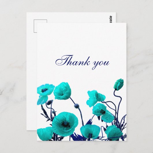Bedankt Turquoise Blue Poppy Floral Art Custom Briefkaart (Voorkant / Achterkant)