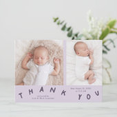 Bedankt Typografie Paarse Geboortefoto Aankondiging (Staand voorkant)