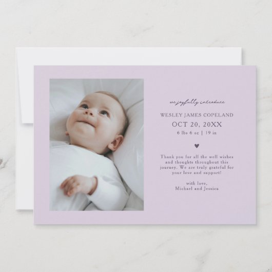 Bedankt Typografie Paarse Geboortefoto Aankondiging (Achterkant)