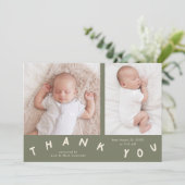 Bedankt Typografie Sage Green Geboortefoto Aankondiging (Staand voorkant)