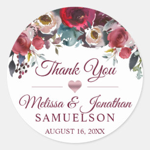 BEDANKT U Waterverf Floral Burgundy Wedding Ronde Sticker