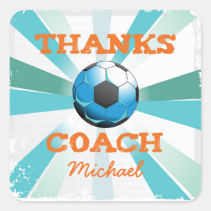 Bedankt van de voetbal coach, Oranje op Blauwgroen Vierkante Sticker